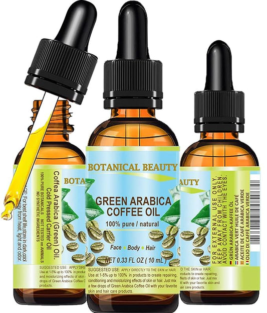 Botanical Beauty GREEN ARABICA COFFEE OIL Brazilian 100% Pure Virgin Unrefined 0.33 Fl.oz- 10 ml. for Face, Skin, Hair, Lip, Nails. Anti - aging face Oil