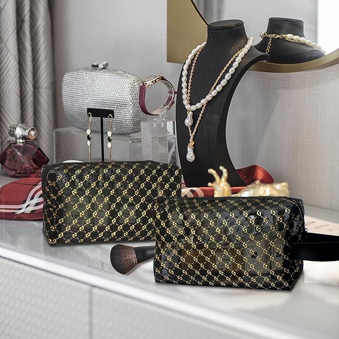 5 Pieces Zipper Mesh Makeup Bags Set, Portable Travel Mesh Cosmetic Bags Toiletry Bags Makeup Purse pouches, Zipper Storage Pouches for Home Offices Travel Accessories (Black Hot Stamping-5pcs)