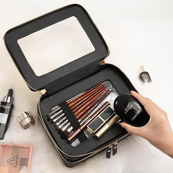 Aveniee Clear Makeup Bags, Double Layer Cosmetic Bags with a Separate Brush Compartment, Travel Toiletry Bag Train Case for Women, Travel Accessories Organizer for Purse(2 Layers Large, Black)
