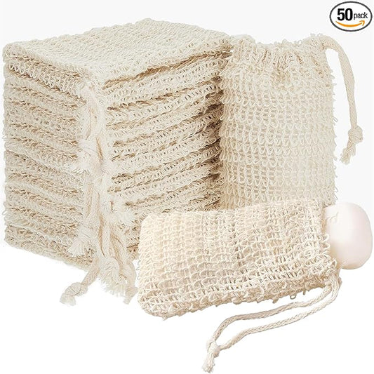 50 Pack Sisal Soap Saver Bag with Drawstring, Natural Cotton-Linen Exfoliating Net Pouch for Foaming and Drying, Travel Bar Soaps Mesh Bags Soap Savers for Bath and Shower Use