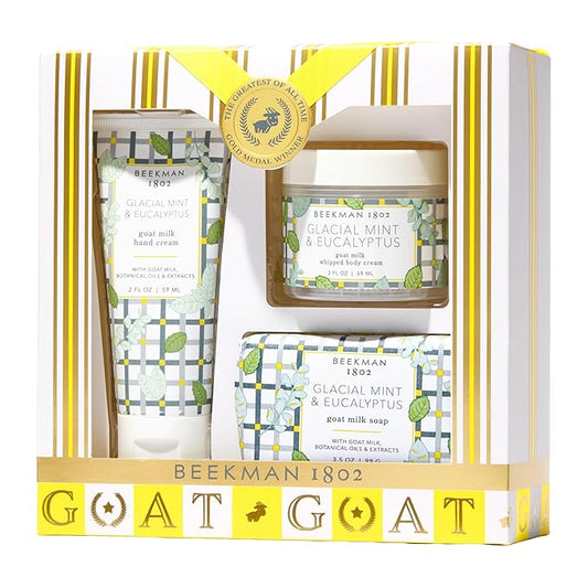 Beekman 1802 The G.O.A.T. Spa Day Glacial Mint & Eucalyptus 3-Piece Bodycare Gift Set – Cleanses, Nourishes, and Hydrates with Lactic Acid & Shea Butter, Good for Sensitive Skin, Gifts for Her