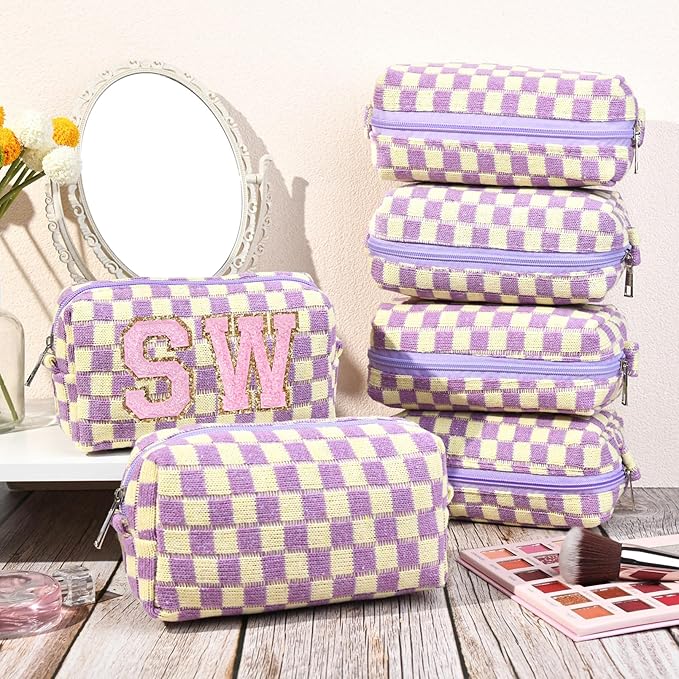 6 Pcs Preppy Makeup Bag Bulk Checkered Cosmetic Bag Purple Makeup Pouch Personalize Travel Toiletry Bag Organizer Cute DIY Makeup Brushes Storage Bag for Women
