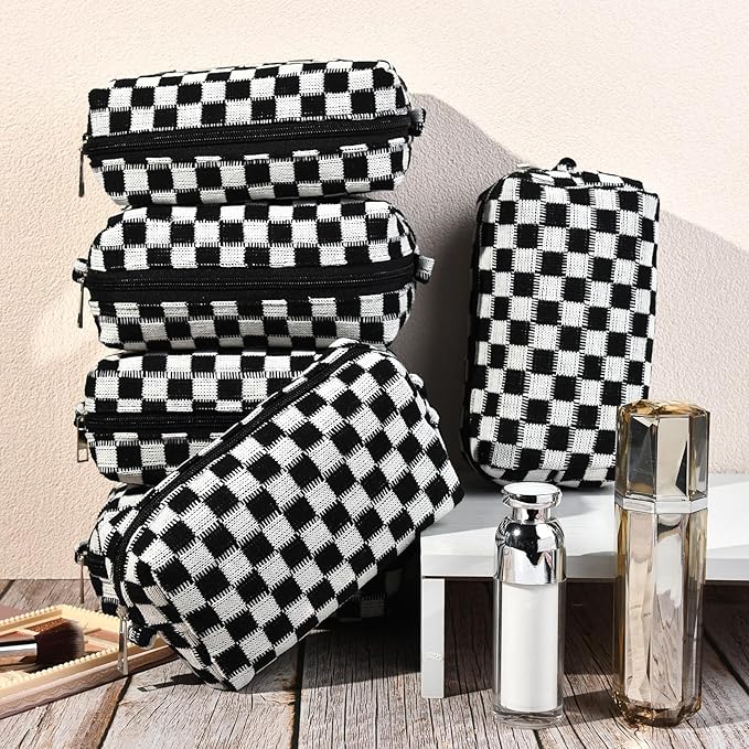 6 Pcs Preppy Makeup Bag Bulk Checkered Cosmetic Bag Black Makeup Pouch Personalize Travel Toiletry Bag Organizer Cute DIY Makeup Brushes Storage Bag for Women
