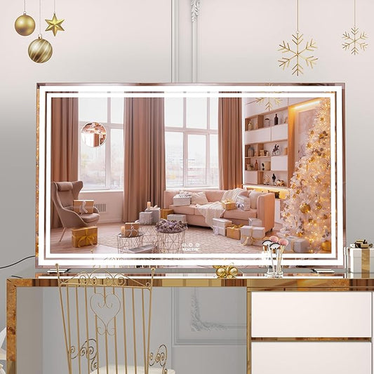 BEAUTME Vanity Mirror,40x24.3 Inch, Hollywood Mirror with Double Led Strips,Makeup Mirror for Dressing Room & Bedroom, Desktop Mirror/Wall Mounted Mirror 1.8M Charger Cable,Aluminium Frame,Silver