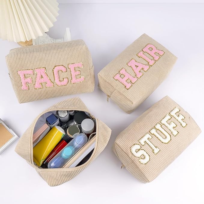 MAGEFY Corduroy Makeup Bag Small Makeup Bag for Purse with Compartments Cute Makeup Pouch Cosmetic Bag for Women Friends Preppy Gifts (Beige, SKIN)