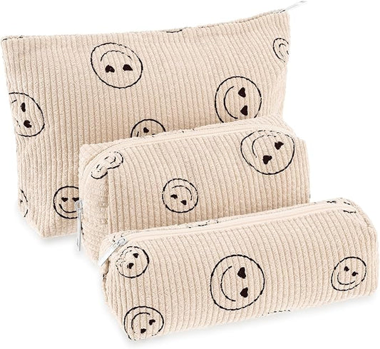 3 Pcs Makeup Bag Set for Women Corduroy Cosmetic Pouch Aesthetic Smile Travel Toiletry Bag Cute Purse Pouch Pencil Case Makeup Brushes Storage Organizer for Christmas(Beige,Smile Face)