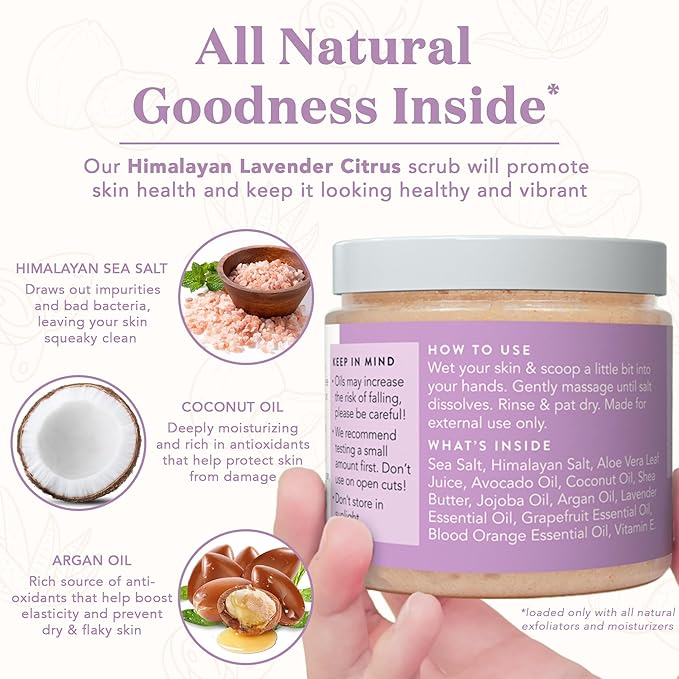 Bare Botanics Lavender Citrus Body Scrub 24oz | Made in Madison, WI | All Natural Himalayan Salt Exfoliator Skin Loving Moisturizers | Vegan & Cruelty Free | Gift Ready Packaging w/a Cute Wooden Spoon
