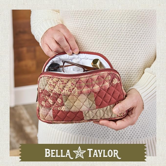 Bella Taylor Large Makeup Pouch for Women | Quilted Cotton Cosmetic Bag for Travel and Organization | Burgundy Patch