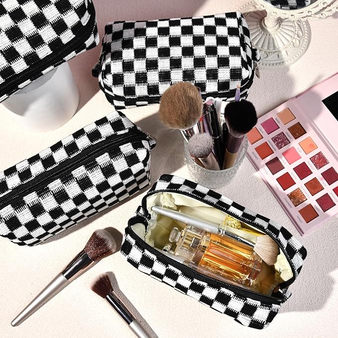 6 Pcs Preppy Makeup Bag Bulk Checkered Cosmetic Bag Black Makeup Pouch Personalize Travel Toiletry Bag Organizer Cute DIY Makeup Brushes Storage Bag for Women