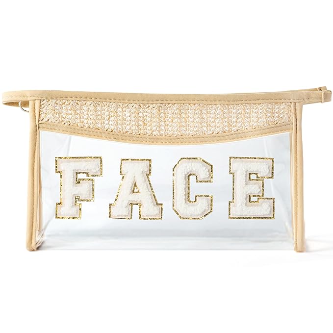 Boho Patch Face Cosmetic Bag - Summer FACE Chenille Varsity Toiletry Makeup Bag Beige Letter Clear Waterproof Travel PVC Zipper Clutch Daily Use Purse Summer Beach Pool Pouch for Women Girl