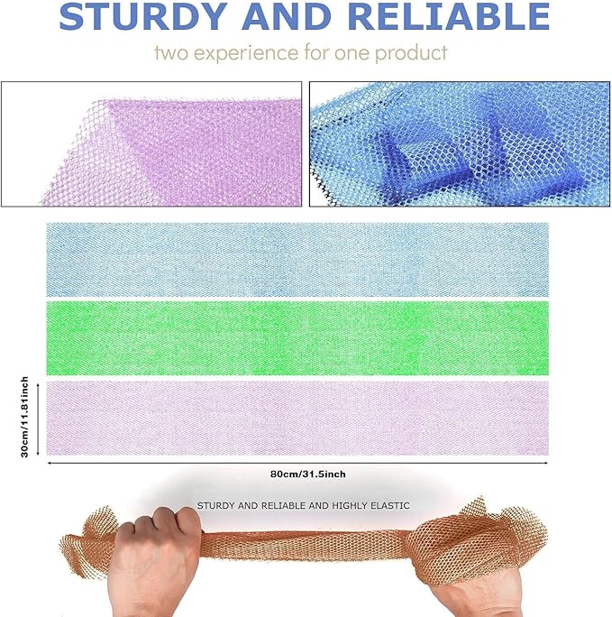 3 Pieces African Bath Sponge African Net Long Net Bath Sponge Exfoliating Shower Body Scrubber Back Scrubber Skin Smoother,Great for Daily Use (Pale Purple, Blue, Green)