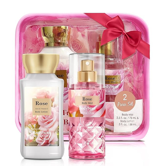Bath and Body Gift Set for Women & Girls, Rose 2PCS Set for - Body Lotion, Body Mist, Personal Portable Body Care Travel Set for Birthday Mother's Day Gifts for Her and Him