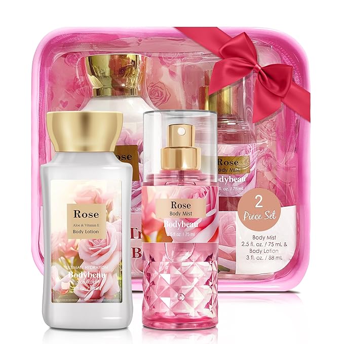 Bath and Body Gift Set for Women & Girls, Rose 2PCS Set for - Body Lotion, Body Mist, Personal Portable Body Care Travel Set for Birthday Mother's Day Gifts for Her and Him