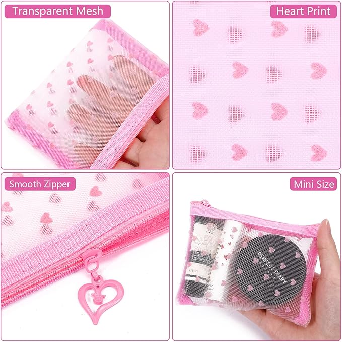 6 Pack Mini Zipper Mesh Makeup Bags, Heart Print Nylon Cosmetic Bags Toiletry Bags for Office Travel Organization (Pink, M)