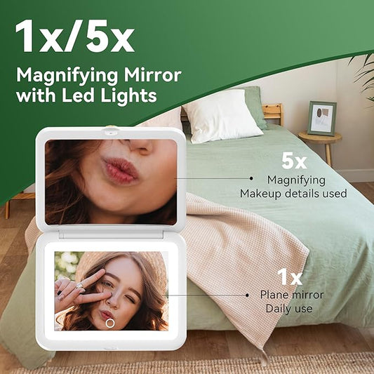 LED Compact Mirror with Light,1x/5x Magnifying Travel Makeup Mirror with 3 Color Settings & Dimmable, Rechargeable Small Mirror for Purses, Perfect for Women’s Travel or Daily Use-White