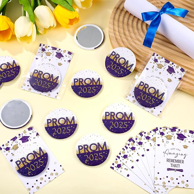 36 Sets Prom 2025 Graduation Party Favor Prom Compact Mirror for Her Him Inspirational 2025 Graduation Cards for Senior Night College Party Gifts(Violet Gold)