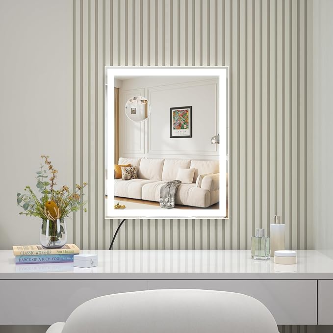 ANYHI Vanity Mirror with LED Light, 24"x20.5" Lighted Vanity Mirror with 10X Magnifying, 3 Color Modes, Dimmable, Smart Touch Control, Aluminum Frame, Tabletop/Wall Mount, White