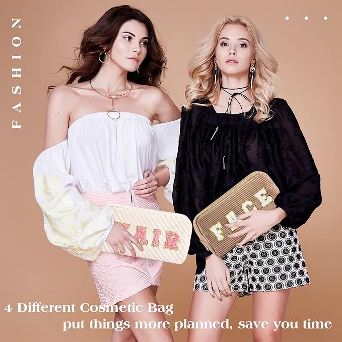 4 Pcs Preppy Patch Makeup Bag Corduroy Cosmetic Bag Makeup Accessories Skincare Pouch Chenille Letter Portable Zipper Face Pouch Cute Toiletry for Women Travel(Pink, Brown Series Color)