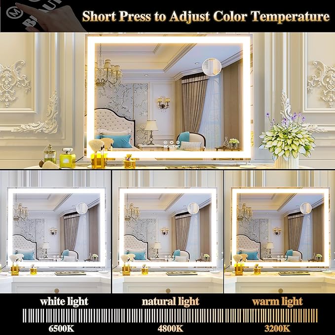 BEAUTME Vanity Mirror with Lights for Tabletop,Hollywood Lighted Makeup Mirror for Dressing Room & Bedroom,Big Desk Mirror Vanity (600×507×150mm)