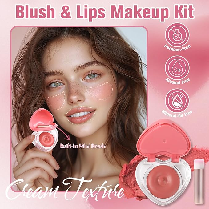 Heart-Shaped Cream Blush for Cheeks & Lips – 2-in-1 Tinted Lip and Cheek Balm Kit with Mini Brush – Blendable Dewy Blusher Makeup for Women, Portable Compact for Travel & On-the-Go Touch Ups 02