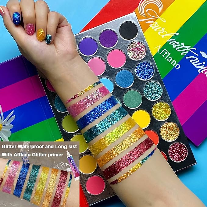 Afflano Rainbow Eyeshadow Palette Matte Shimmer Pressed Glitter, Pigmented Colorful Eye Shadow Pallets, Pink Red Orange Yellow Green Blue Purple 35 Color, Bright Prime Makeup Palette