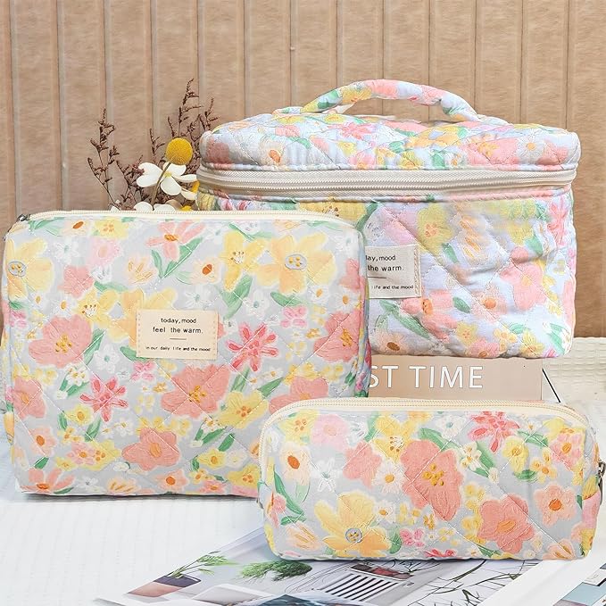 3 Piece Floral Oil Painting Print Cotton Quilted Makeup Bag Set, Large Capacity Travel Makeup Bags for Women and Girls, Includes Small, Medium, and Extra Large aesthetic makeup&Cosmetic Bags
