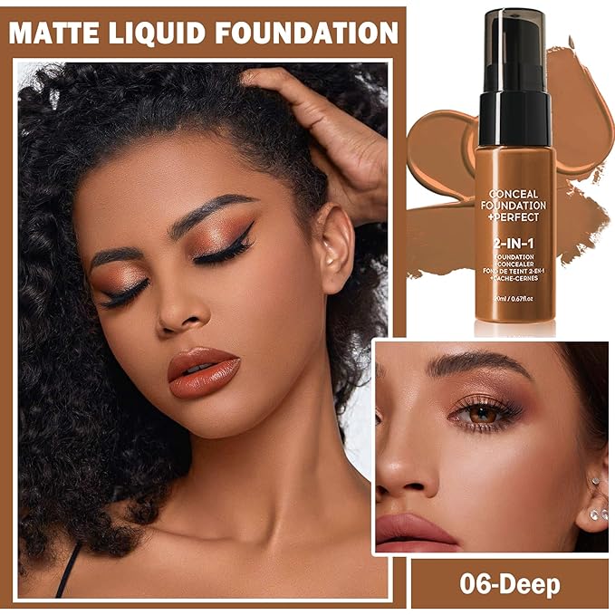 Concealer Full Coverage Foundation for Mature Skin,Oil Control Matte 2 in 1 Concealer liquid Foundation Makeup Waterproof Base De Maquillaje Alta Cobertura-06 Deep