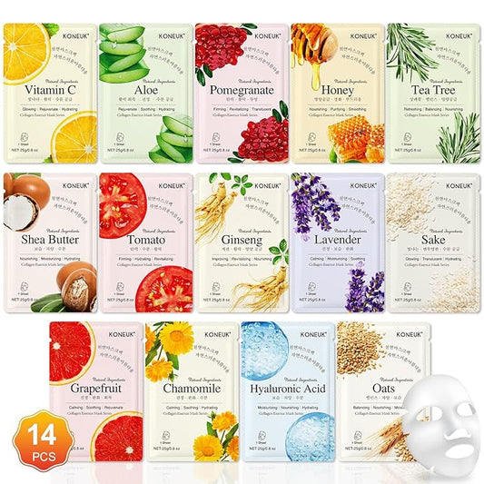 14 Pack Sheet Face Masks Skincare, Hydrating Face Masks Suitable for Dry Skin, Bulk Facial Mask Set for Women Skin Care, Face Mask Gifts Set for Face Spa