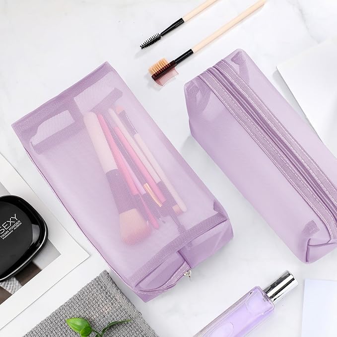 Boao 6 Pieces Mesh Makeup Bags Mesh Cosmetic Bag Portable Travel Organizing Zipper Pouch Toiletries Makeup Pouches for Home Office Travel Accessories (Light Purple)