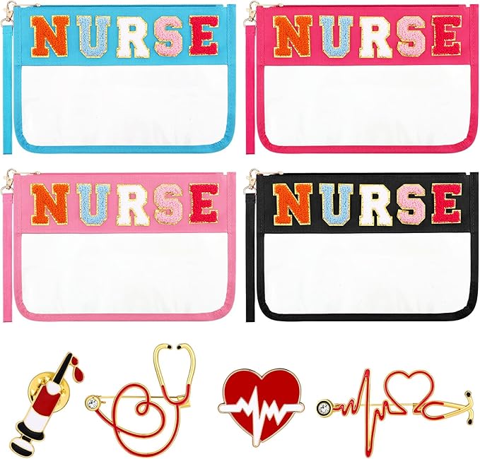 4 Pcs CNA Week Nurses Bags Appreciation Gifts Chenille Letter Makeup Bags with 4 Pins Preppy Clear Nursing Travel Pouch Cosmetic Waterproof Zipper Nurse Accessories
