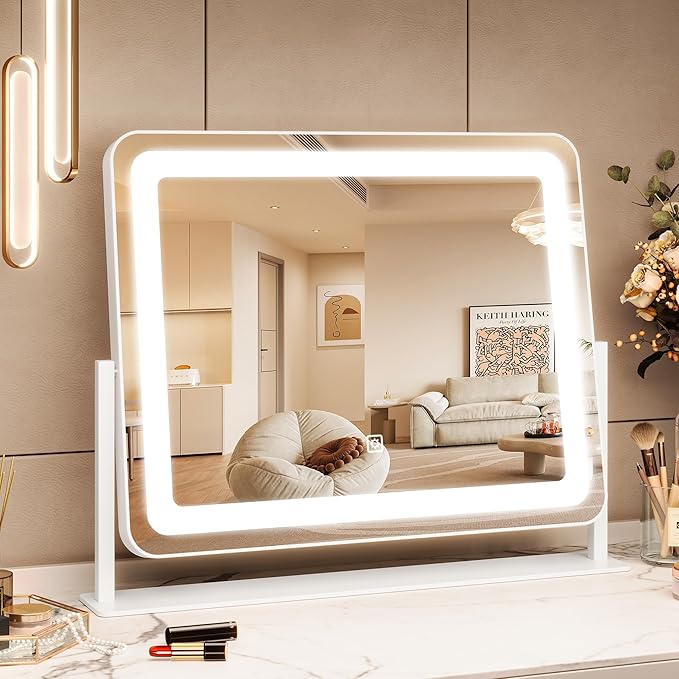 19.6"x15.7" Vanity Mirror with Lights, Large Lighted Mirror, LED Makeup Mirror with 3-Color Dimmable Modes and Smart Touch Control, Perfect for Desk or Bedroom, Vanity Desk Tabletop Makeup, White
