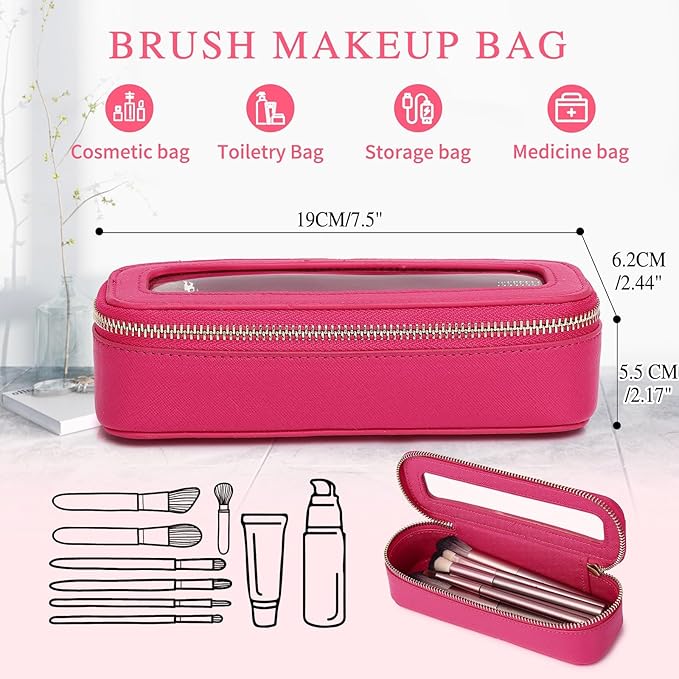 Makeup Brush Case Clear Travel Cosmetic & Toiletry Bag Slim Makeup Bag with Zipper Small Purse Organizer Car Essential Bag for Women (X/Fuxia, SLIM-3)