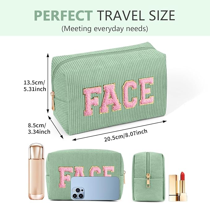 MAGEFY Small Makeup Bag for Purse Portable Makeup Pouch with Compartments Corduroy Make up Bag for Women Travel Cosmetic Essential (Green, FACE)