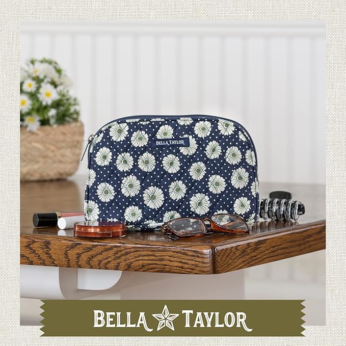 Bella Taylor Large Quilted Cotton Makeup Pouch for Women, Travel Cosmetic Bag, Quilted Cotton Dotted Daisy Navy Floral