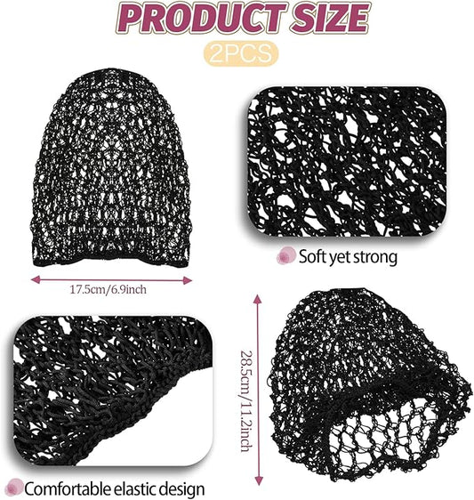 Mozeat Lens 2Pcs Hair Nets Snoods for Women Hair Mesh Crochet Hair Net Rayon Knit Snood Hat Women Crochet Hair Wraps Sleep Cap (Black)