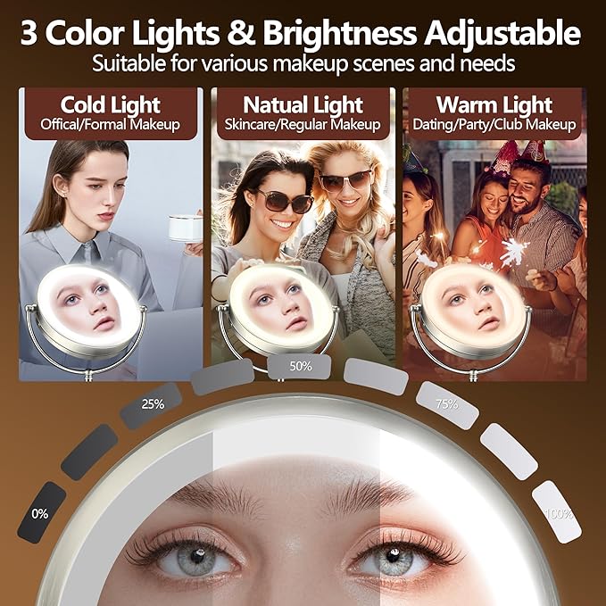 20x Large Lighted Makeup Mirror, Rechargeable 8.6" Magnifying Makeup Mirror, 30-Minute Timer,3 Color Modes, Adjustable Brightness, No Assembly Required, 360° Rotation Cosmetic Mirror, Pearl Nickel