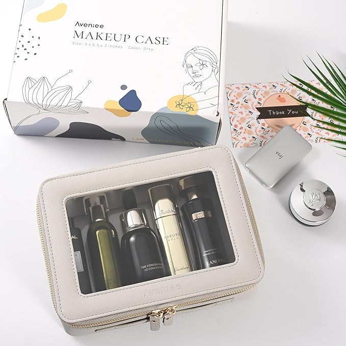 Aveniee Clear Makeup Bag for Women, Large Cosmetic Case Travel Toiletry Bag, Heavy Duty Makeup Organizer with Clear Windows & Gold Zippers(Grey)