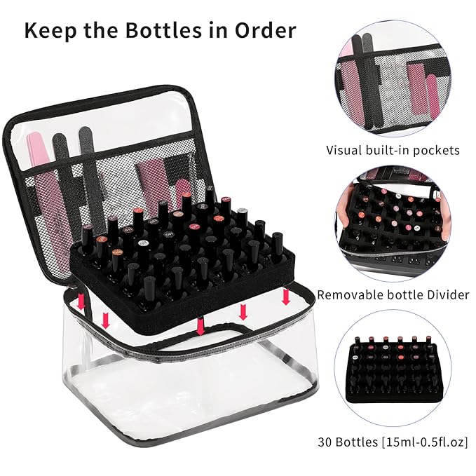 Beloving Nail Polish Organizer Bag Holds 30 Bottles (15ml/0.5 fl.oz) Portable Supplies Organizer Handbag for Manicure Tools, Portable Nail Supplies Kit Organizer Carrying Case (Black)