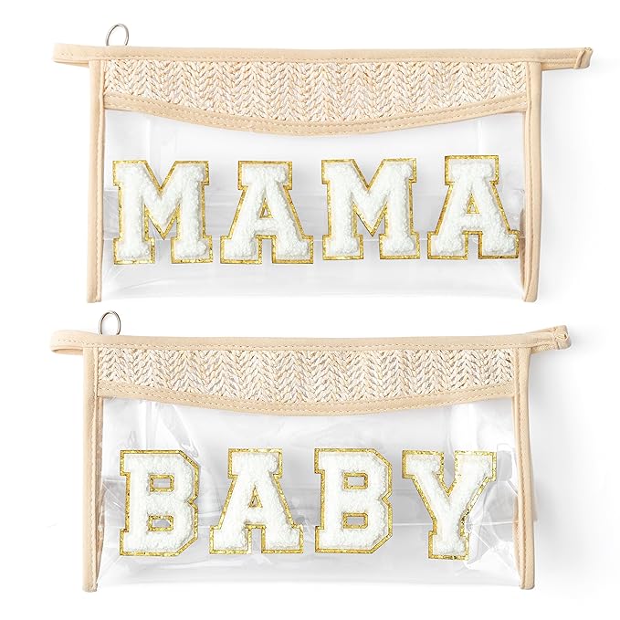 Boho Patch Cosmetic Bag, Mother's Day MAMA BABY Chenille Varsity Letter Travel Toiletry Makeup Bag Summer Beige Clear Waterproof Makeup Pouch PVC Zipper Clutch Daily Use Purse for Mom Women