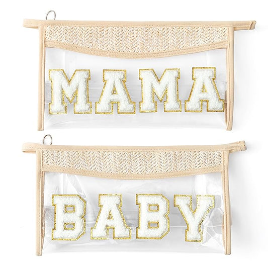Boho Patch Cosmetic Bag, Mother's Day MAMA BABY Chenille Varsity Letter Travel Toiletry Makeup Bag Summer Beige Clear Waterproof Makeup Pouch PVC Zipper Clutch Daily Use Purse for Mom Women