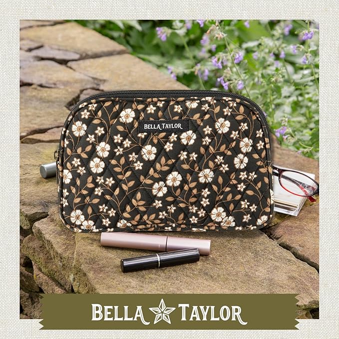 Bella Taylor Large Quilted Cotton Makeup Pouch for Women, Travel Cosmetic Bag, Quilted Cotton Vintage Vine Midnight Black Floral