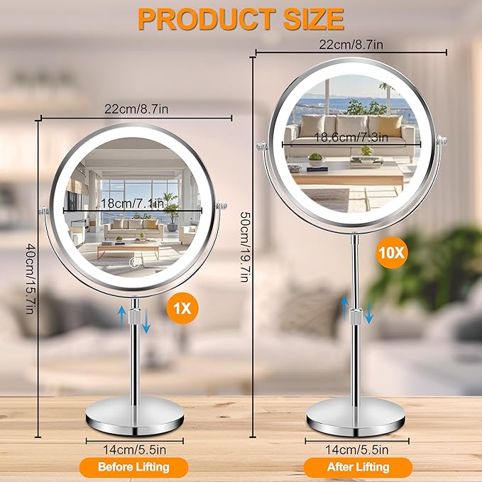 8.7" Large Lighted Makeup Mirror, 1X/10X Magnifying Mirror with 3 Color Dimmable Lights, Double Sided Vanity Mirror, Height Adjustable, 360° Swivel Cosmetic Mirror for Women Girl(Silver)