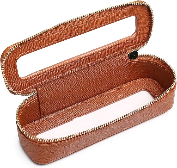 Makeup Brush Case Clear Travel Cosmetic & Toiletry Bag Slim Makeup Bag with Zipper Small Purse Organizer Car Essential Bag for Women (X/Brown, SLIM-3)