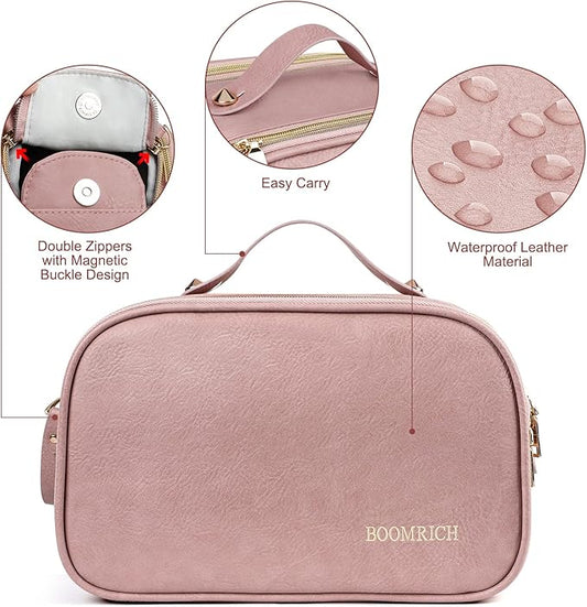 BOOMRICH Large Travel Makeup Bag, Cosmetic Bag, Toiletry Bag for Women, Water-Resistant Leather Toiletry Organizer, Dopp Kit for Toiletries Accessories, Pink