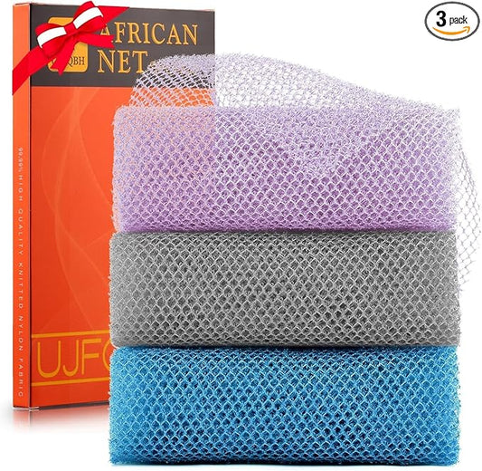 3 Pieces African exfoliating net African Net Long Net Bath Sponge Exfoliating Shower Body Scrubber Back Scrubber Skin Smoother,Great for Daily Use (Purple Gray Blue)