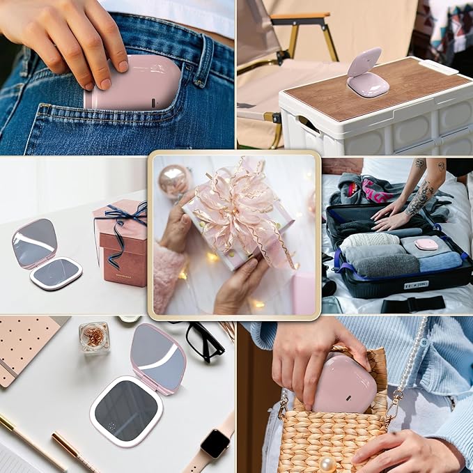 Adjustable Brightness Compact Mirror, Lighted Travel Mirror with 1X/10X Magnifying,Double Sided,Mini Dimmable Portable for Handbag and Pocket, USB C Charging,for Girls Women(Pink)