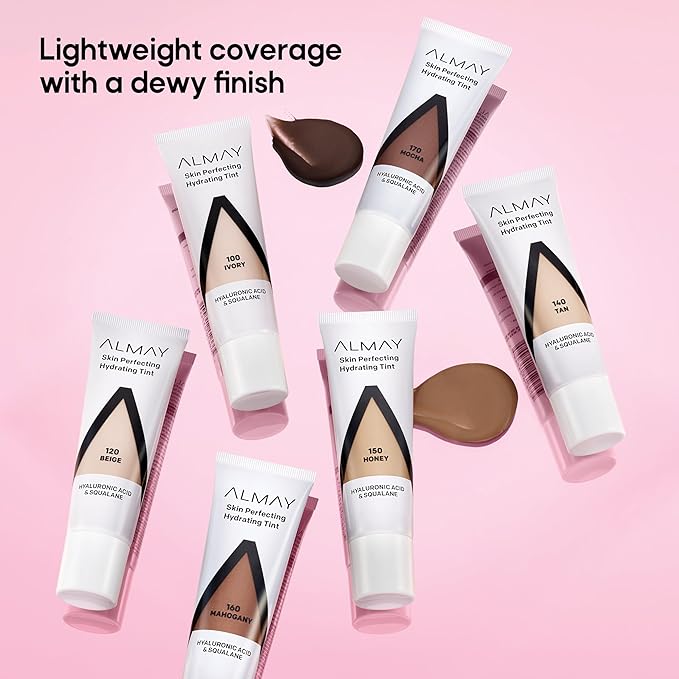 Almay Hydrating Liquid Foundation Tint, Lightweight with Light Coverage, Naturally Dewy Finish, Hypoallergenic, Dermatologist TestedFragrance Free, 150 Honey, 0.94 fl oz.