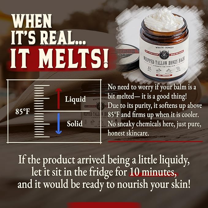 Wrath & Remedy Handmade Whipped Organic Beef Tallow for Skin - 4 OZ (Unscented) — Grass Fed Beef Tallow Moisturizer and Honey Balm for Silky, Sensitive-Skin, Eczema, Rosacea - Free of Harsh Chemicals