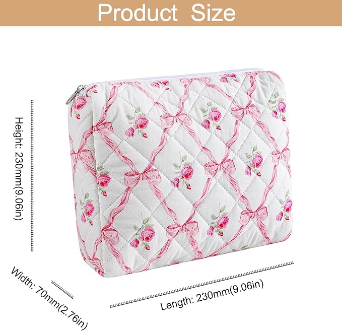 Makeup Bag Travel Cosmetic Bag for Women Girls, Zipper Make Up Pouch, Floral Flowers Toiletry Organizer Makeup, Portable Storage Cosmetic Travel Cloth Bag (L/Pink Bowknot)