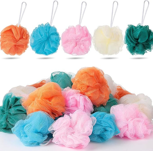 Set of 20 Bath Shower Loofah Sponge Pouf 20g Bath Sponge Mesh Exfoliating Body Scrubber Shower Puff Ball for Women Men Kids Travel Body Wash Exfoliator, 4 Inch, Pink, Beige, Blue, Dark Green, Orange